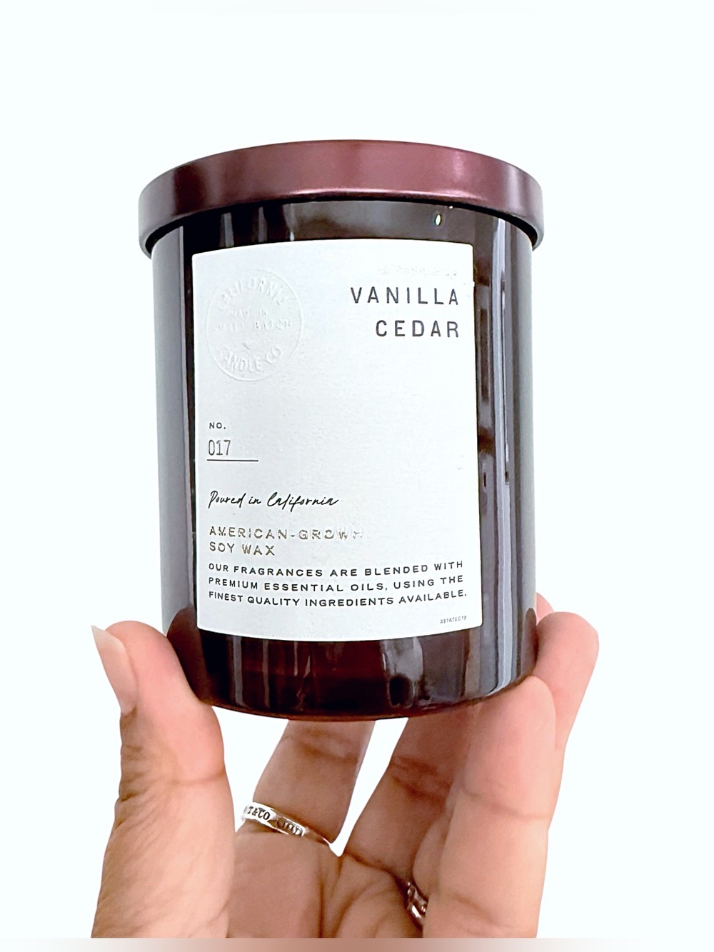 Leoben Company Vanilla Cedar Scented Candle - Brown Amber Jar with Maroon Lid